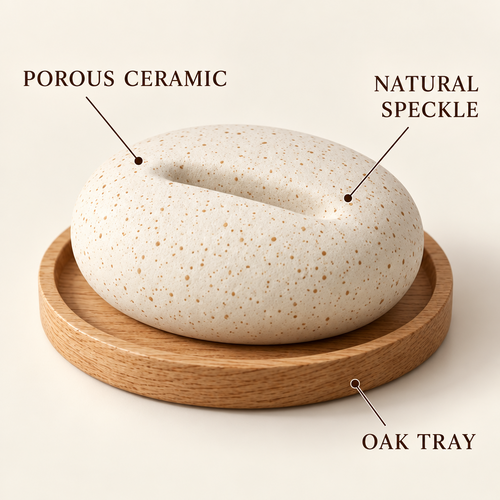 Porous speckled ceramic aroma stone and oak tray detail