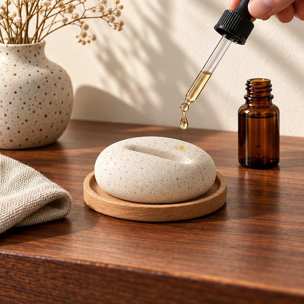 Applying oil to a speckled ceramic aroma stone with a dropper