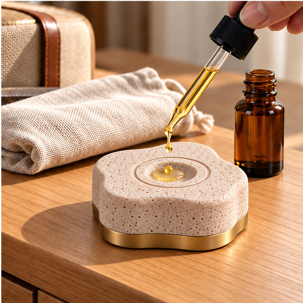 Corqena™ Peach Scallop Travel Stone — applying aroma oil